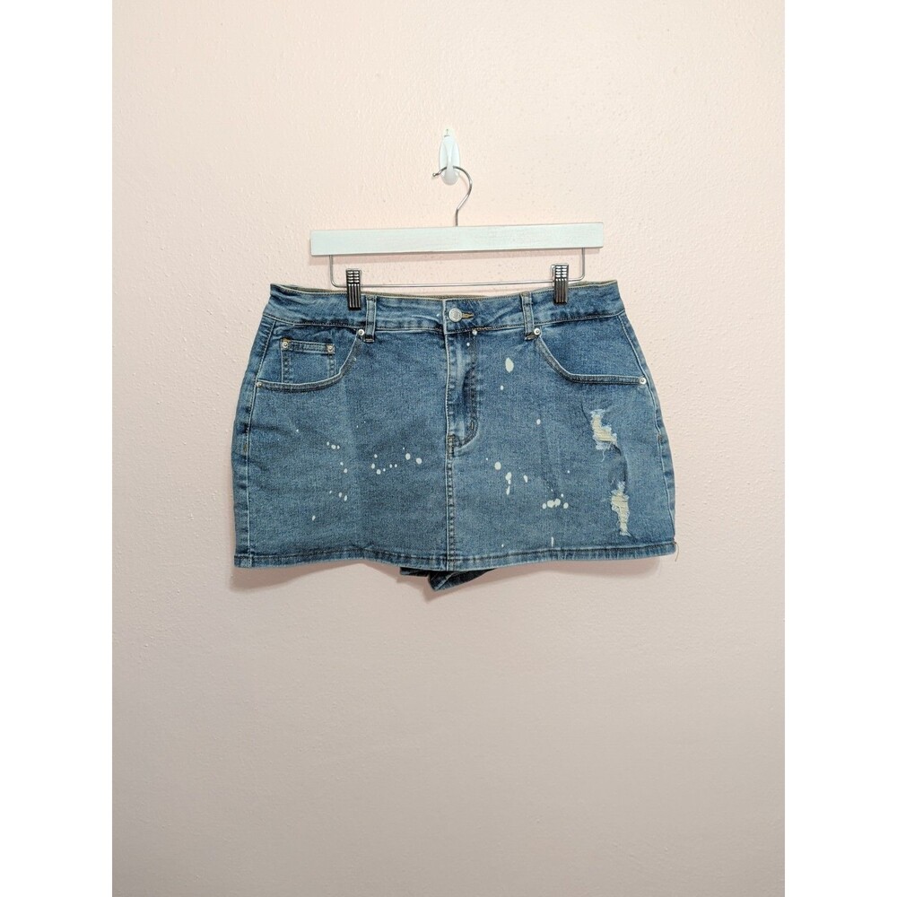 Womens XL Blue Denim Distressed Skort Frayed Mini Jean Skirt Shorts XL Y2K - Picture 3 of 12